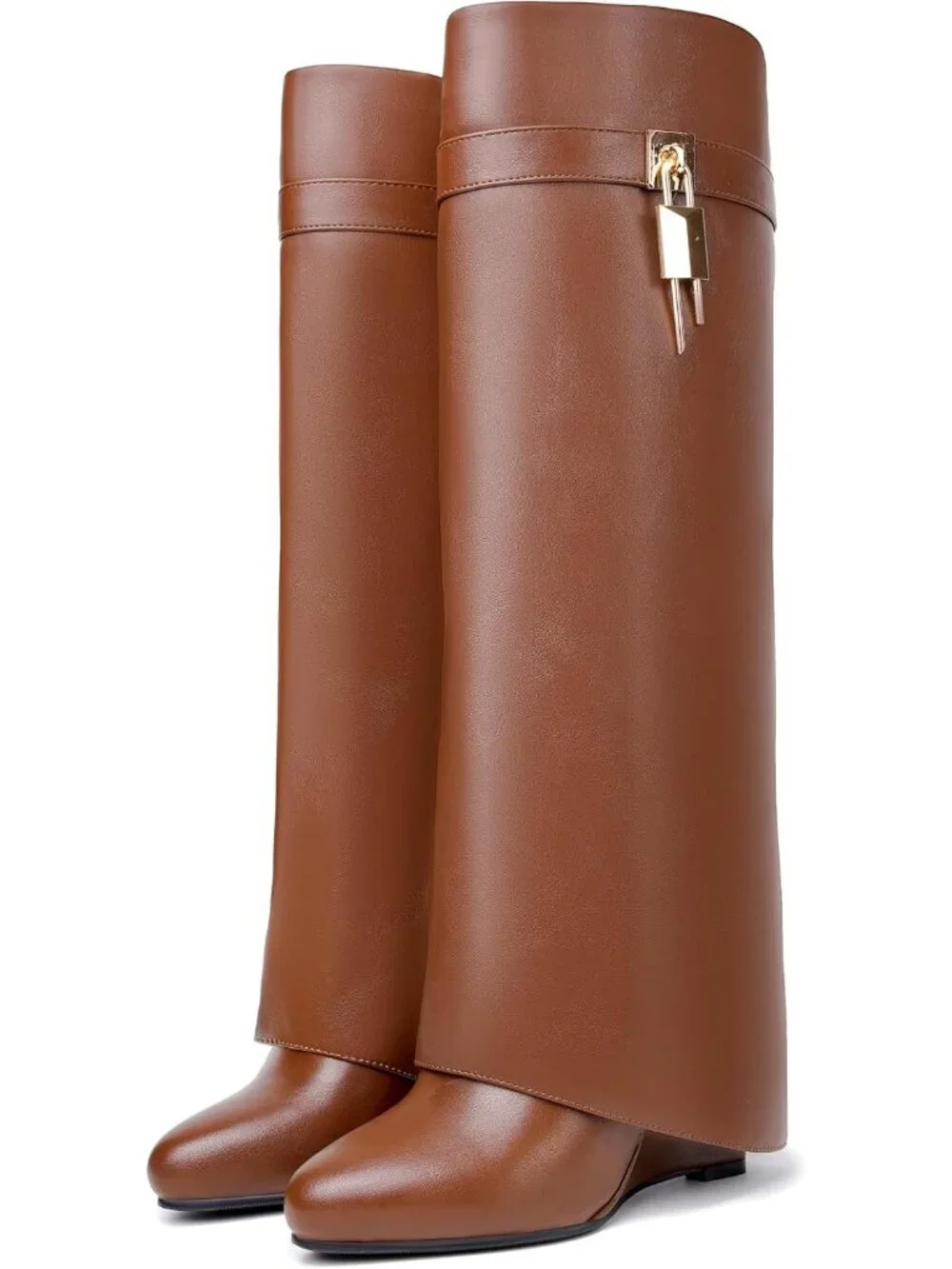 Women's Brown Pointed Toe Wedge Heel Side Zipper Knee High Shark Boots